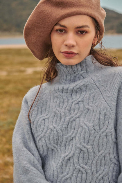 Double Helix Cable Knit Funnel Neck Sweater