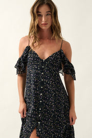 Floral Breeze Cold-Shoulder Button-Front Maxi Dress - ShopPromesa