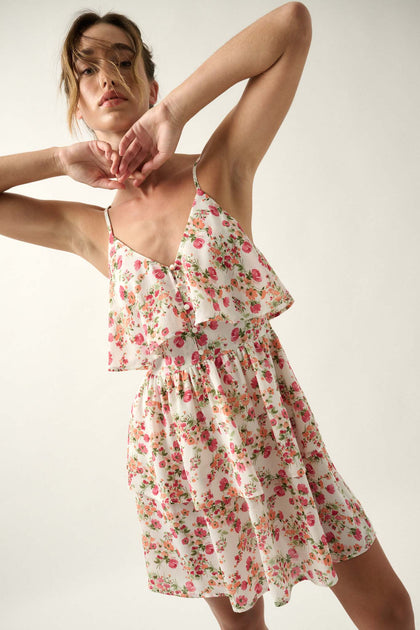 Poetic Plumes Floral Juliet-Sleeve Mini Dress