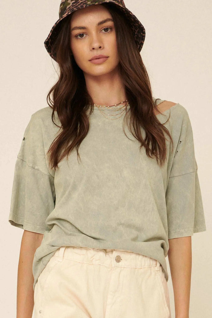 Less Is More Distressed Vintage-Washed Drop-Shoulder Tee - ShopPromesa