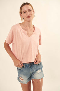 Low-Key Life Cropped Split-Neck Raw-Edge Tee - ShopPromesa