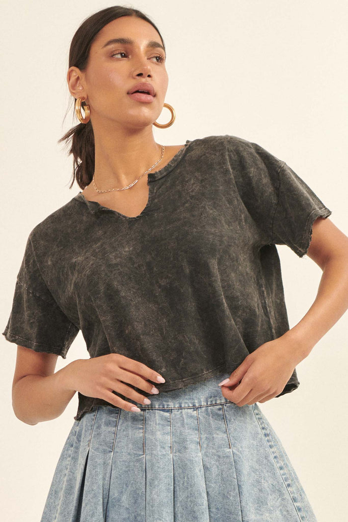 Low-Key Life Cropped Split-Neck Raw-Edge Tee - ShopPromesa