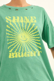 Shine Bright Smiley Face Distressed Graphic Tee - ShopPromesa