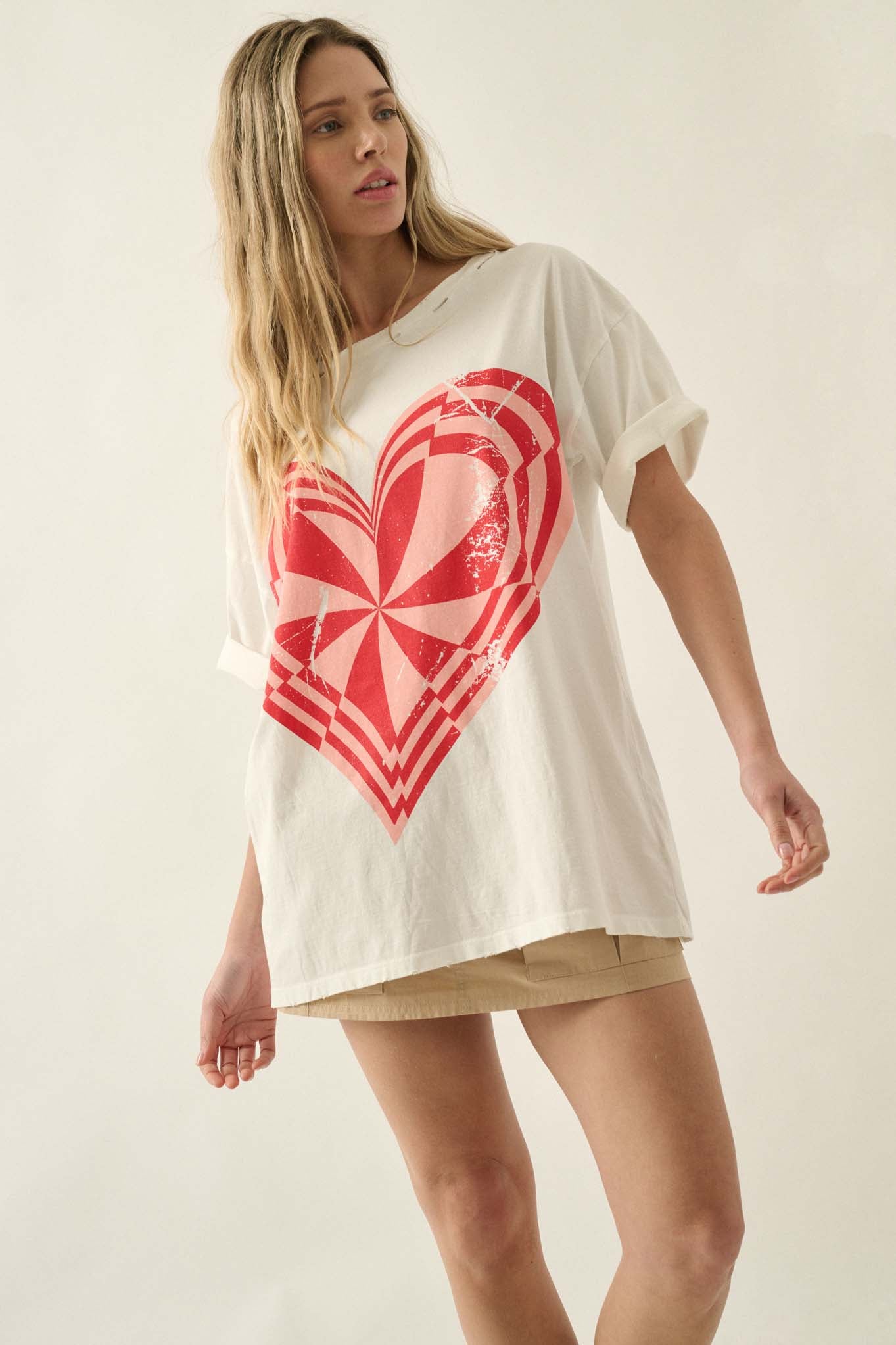 Crazy Love Op-Art Heart Distressed Graphic Tee - ShopPromesa