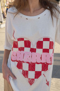 Cherry Love Checker Heart Distressed Graphic Tee - ShopPromesa