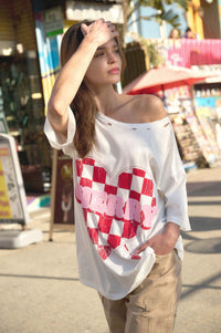 Cherry Love Checker Heart Distressed Graphic Tee - ShopPromesa