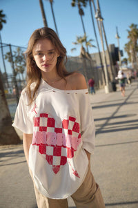 Cherry Love Checker Heart Distressed Graphic Tee - ShopPromesa