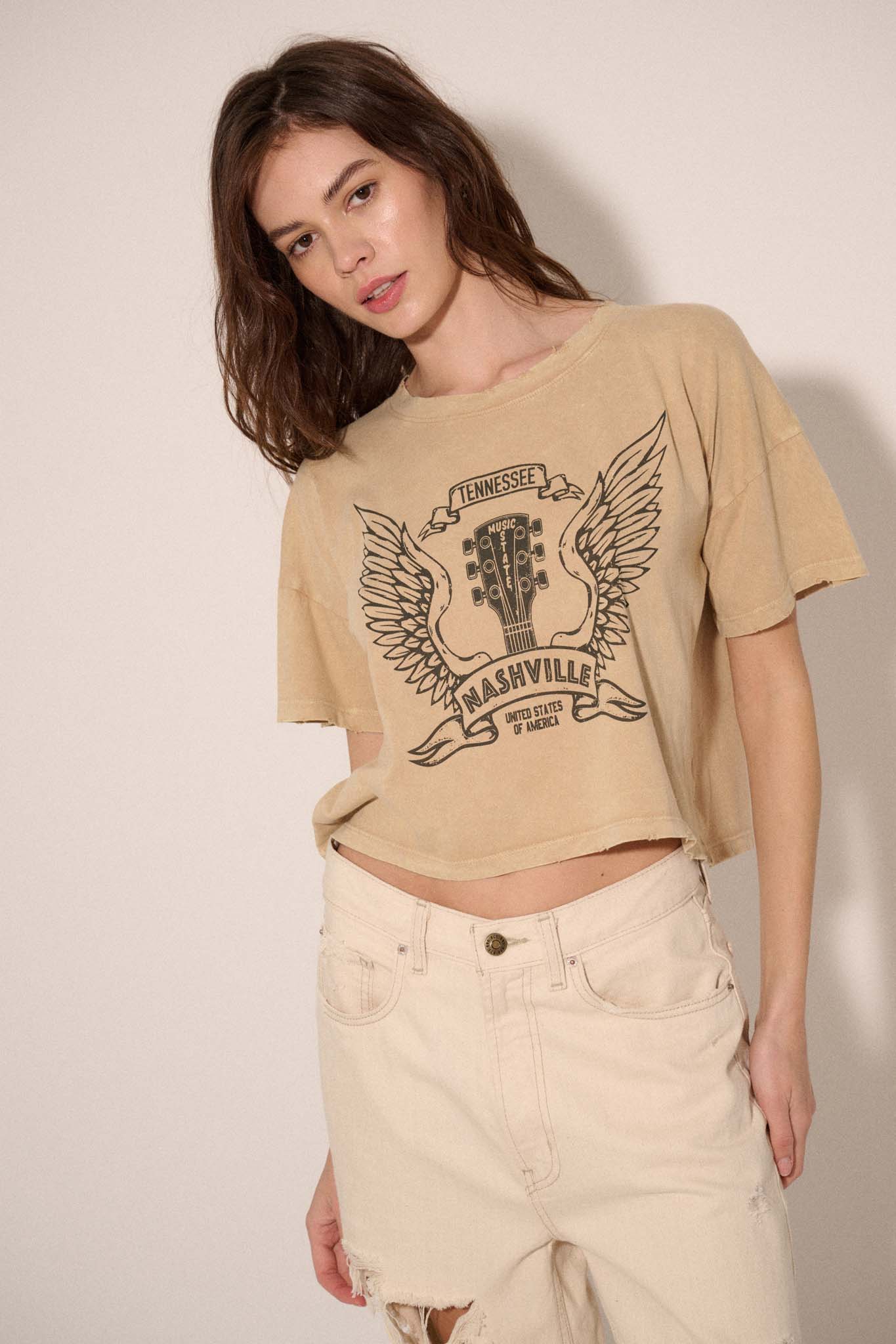 Nashville Angel Wings Guitar Cropped Graphic Tee - ShopPromesa