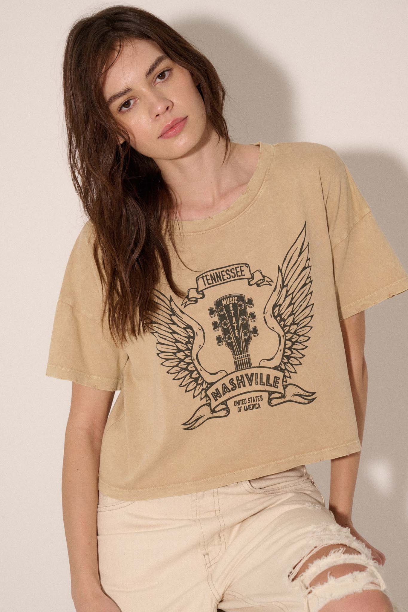 Nashville Angel Wings Guitar Cropped Graphic Tee - ShopPromesa