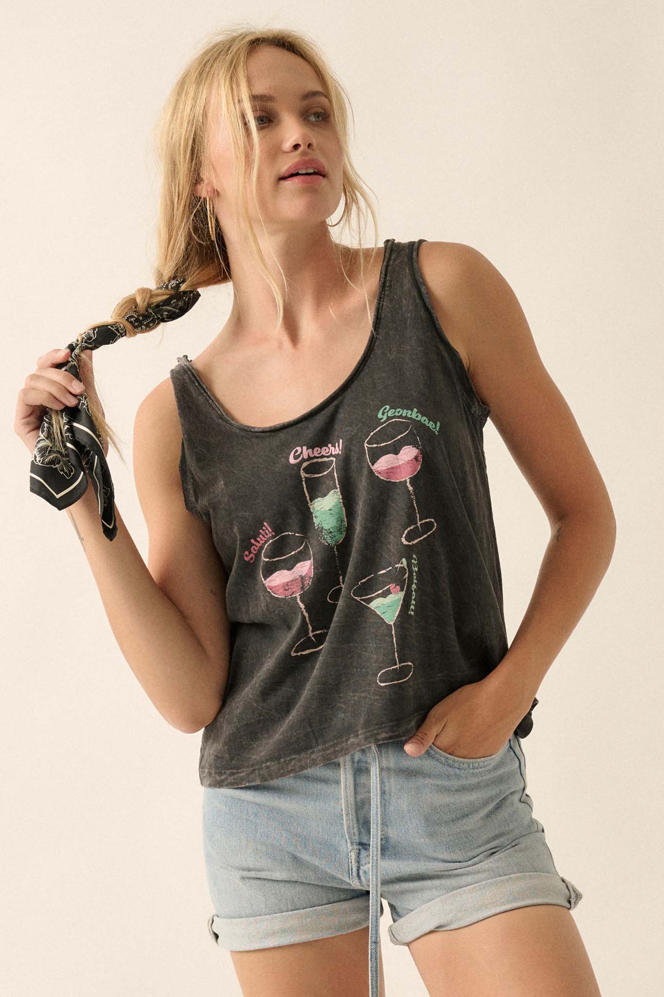 Raise a Glass Vintage-Wash Raw-Edge Tank Top - ShopPromesa