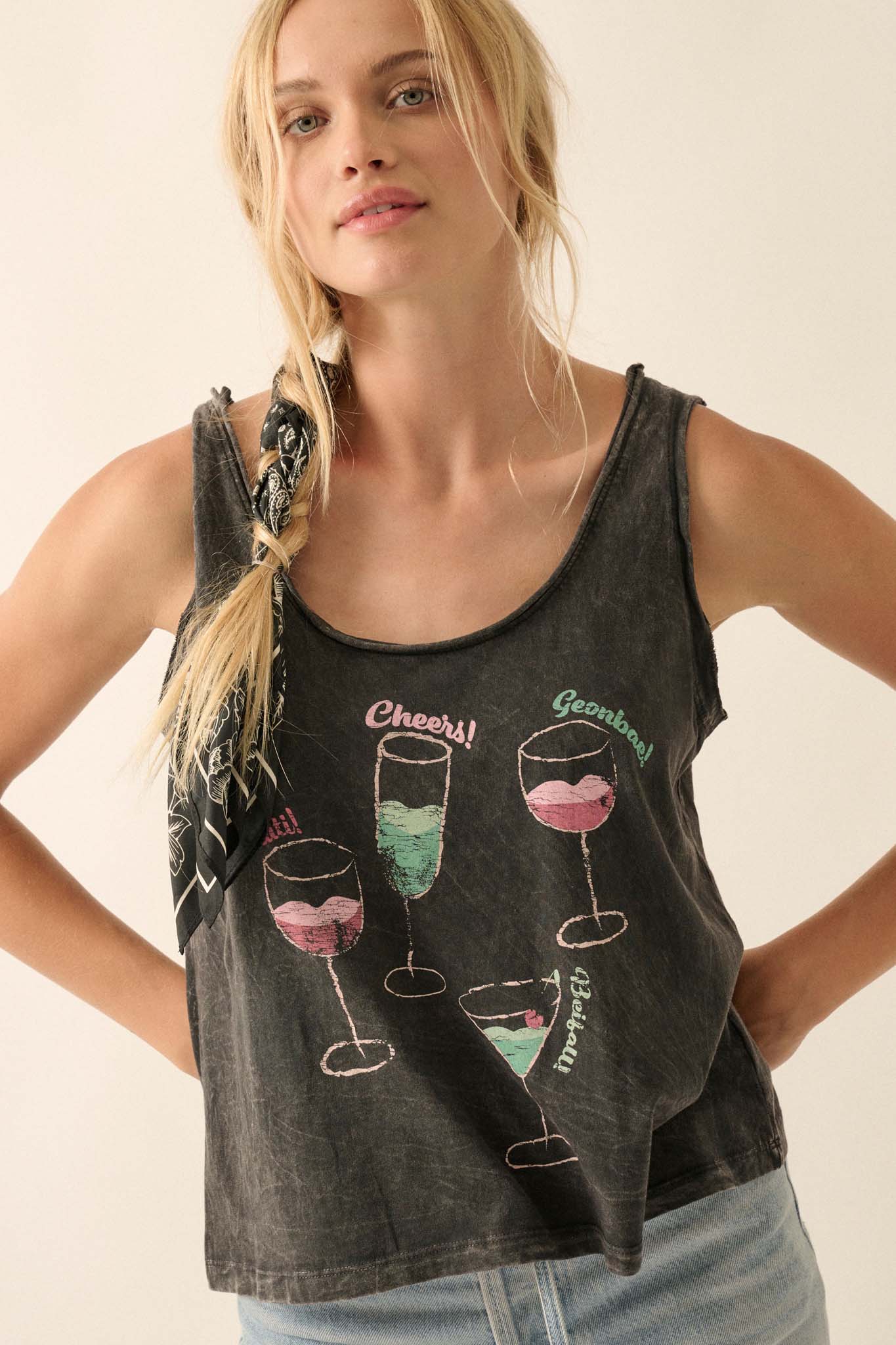 Raise a Glass Vintage-Wash Raw-Edge Tank Top - ShopPromesa