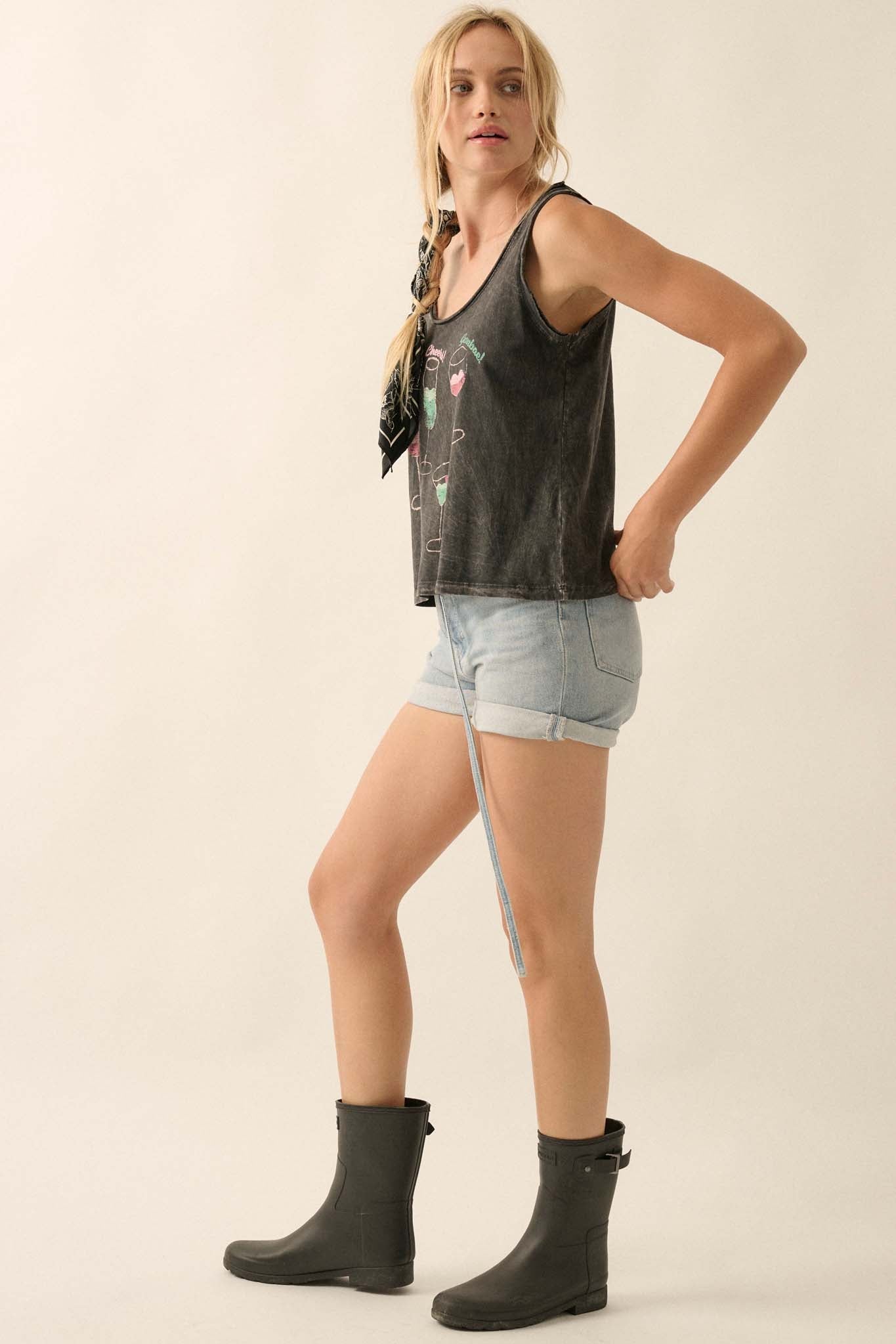 Raise a Glass Vintage-Wash Raw-Edge Tank Top - ShopPromesa