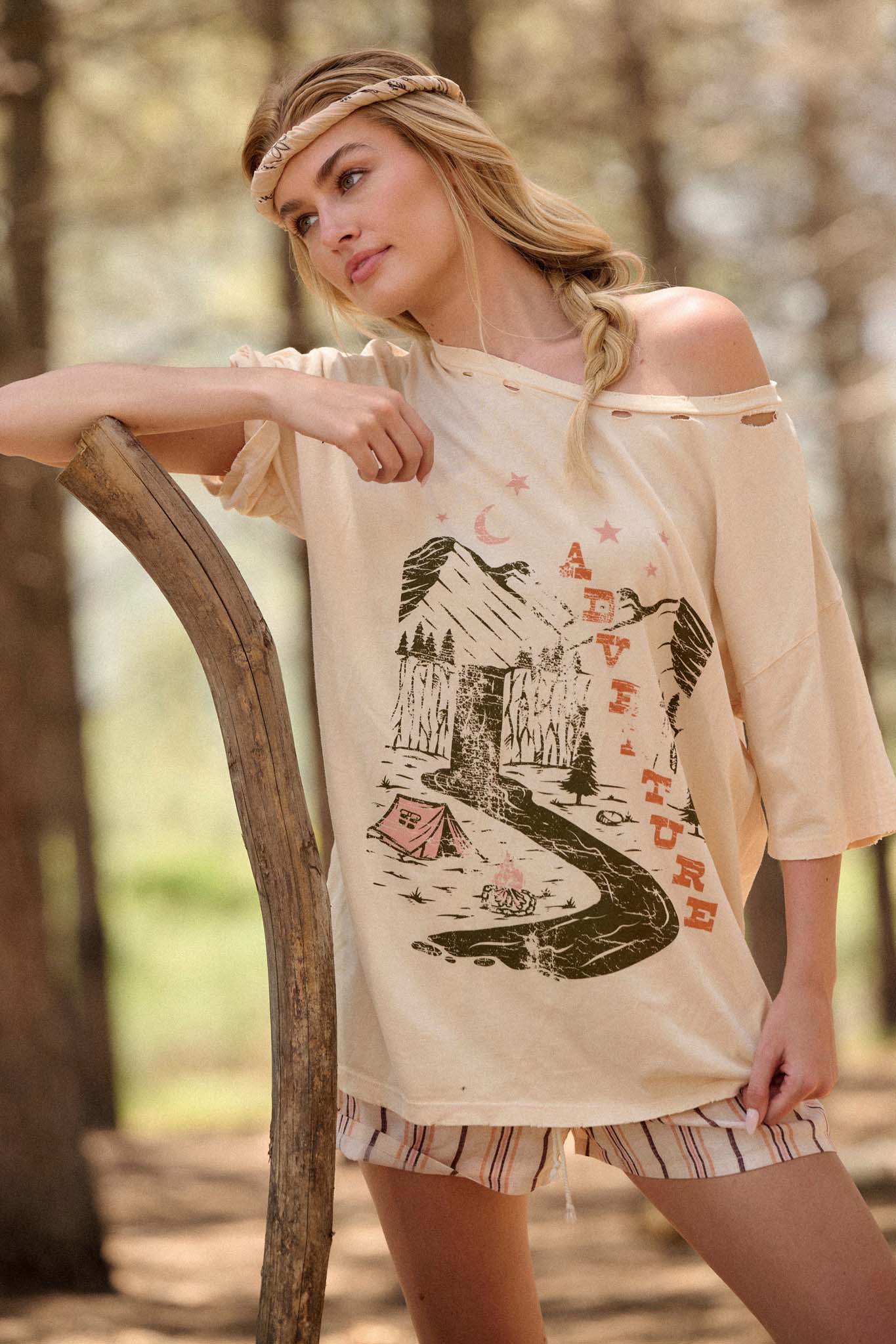 Camping Adventure Distressed Oversize Graphic Tee - ShopPromesa