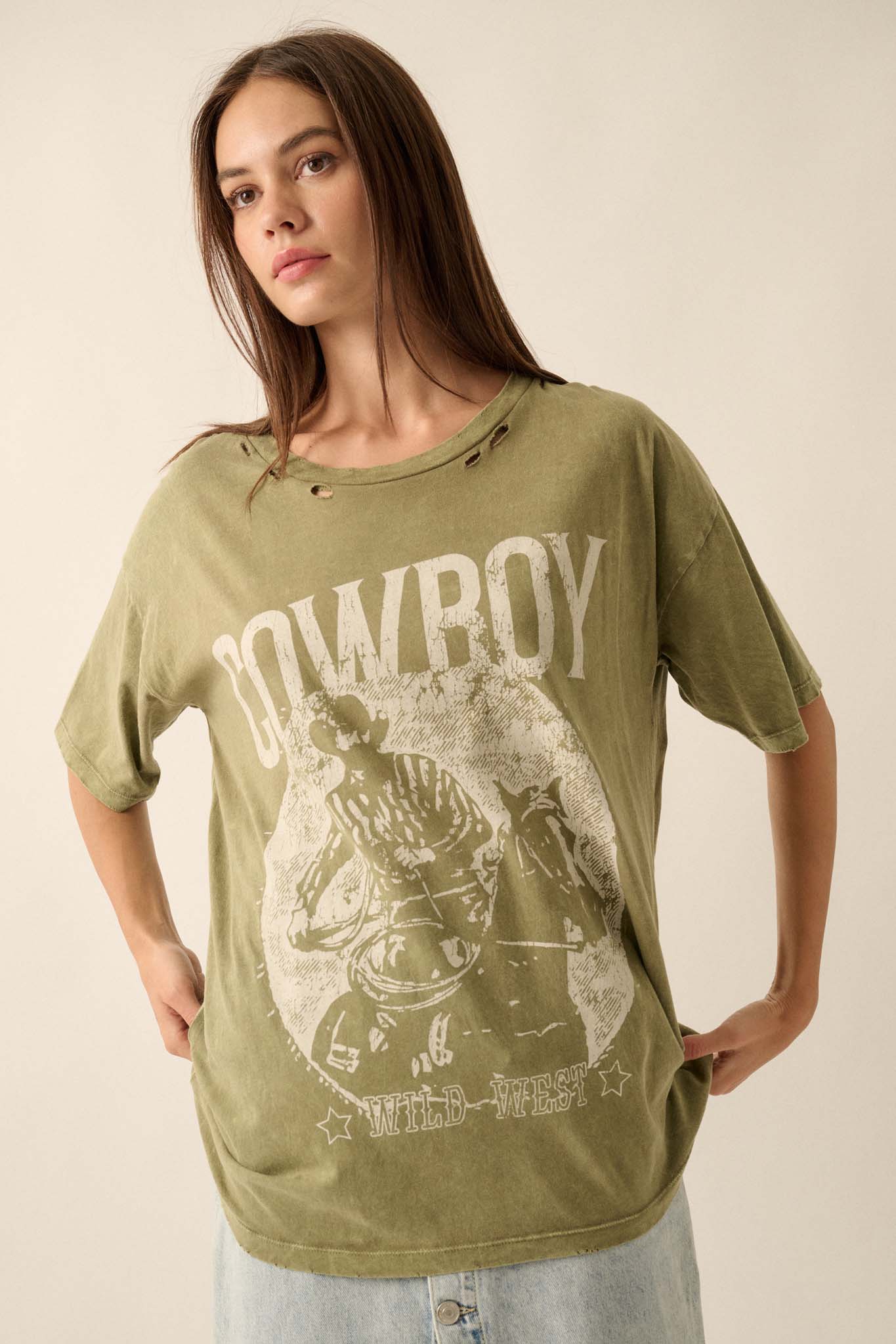 Cowboy Wild West Distressed Oversize Graphic Tee - ShopPromesa