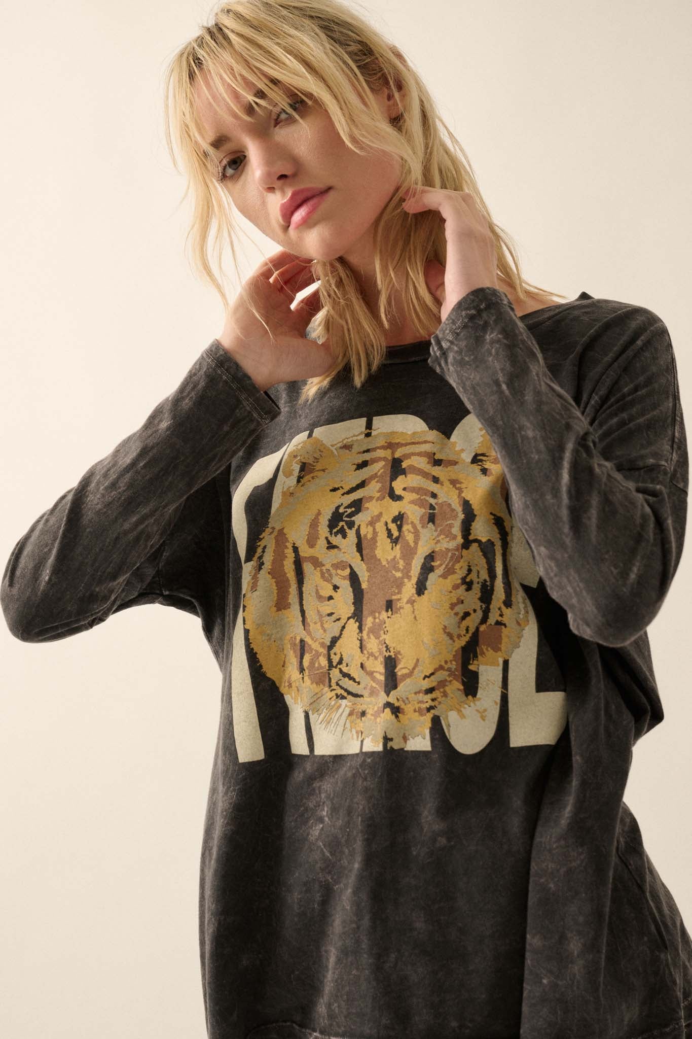 Fierce Tiger Vintage-Wash Long-Sleeve Graphic Tee - ShopPromesa