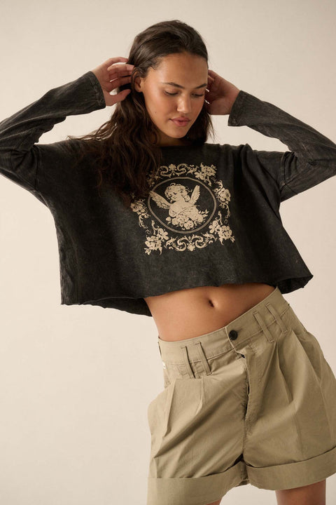 Vintage Angel Cropped Long-Sleeve Graphic Tee - ShopPromesa