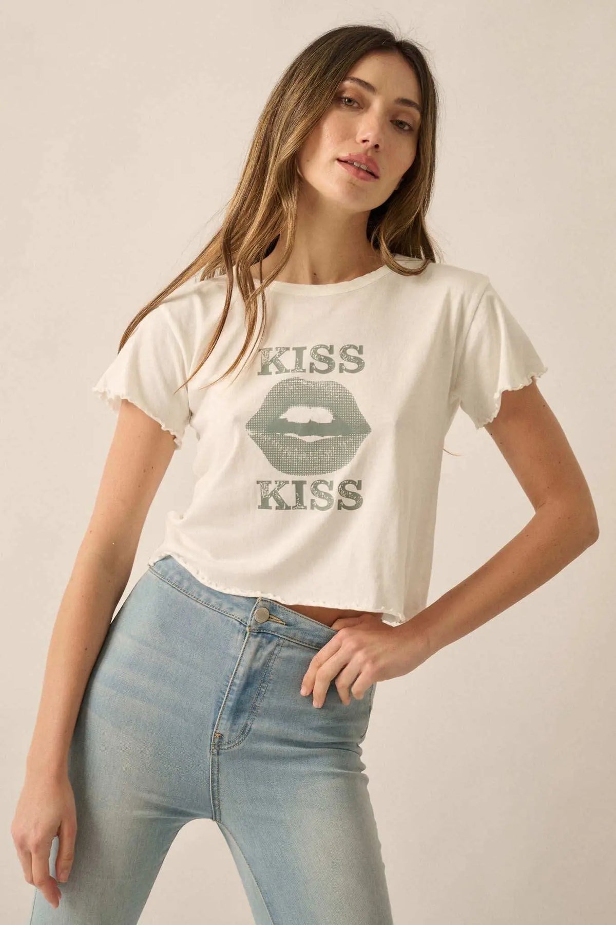 Kiss Kiss Cropped Lettuce-Edge Graphic Baby Tee | ShopPromesa