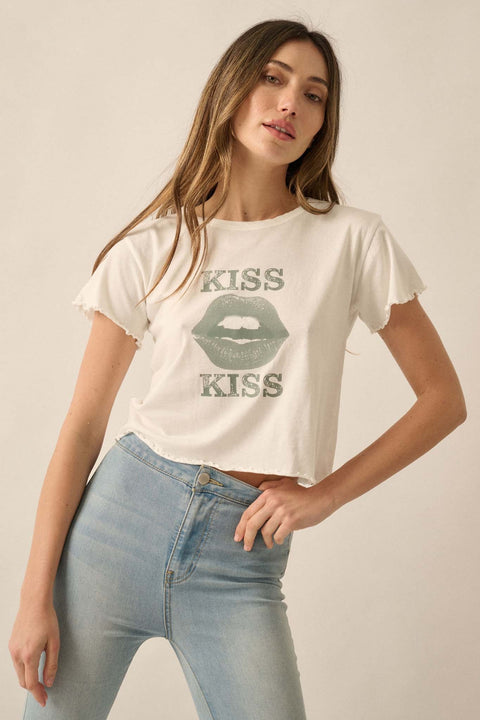 Kiss Kiss Cropped Lettuce-Edge Graphic Baby Tee - ShopPromesa