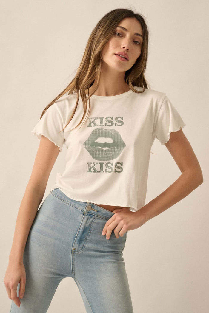 Kiss Kiss Cropped Lettuce-Edge Graphic Baby Tee - ShopPromesa