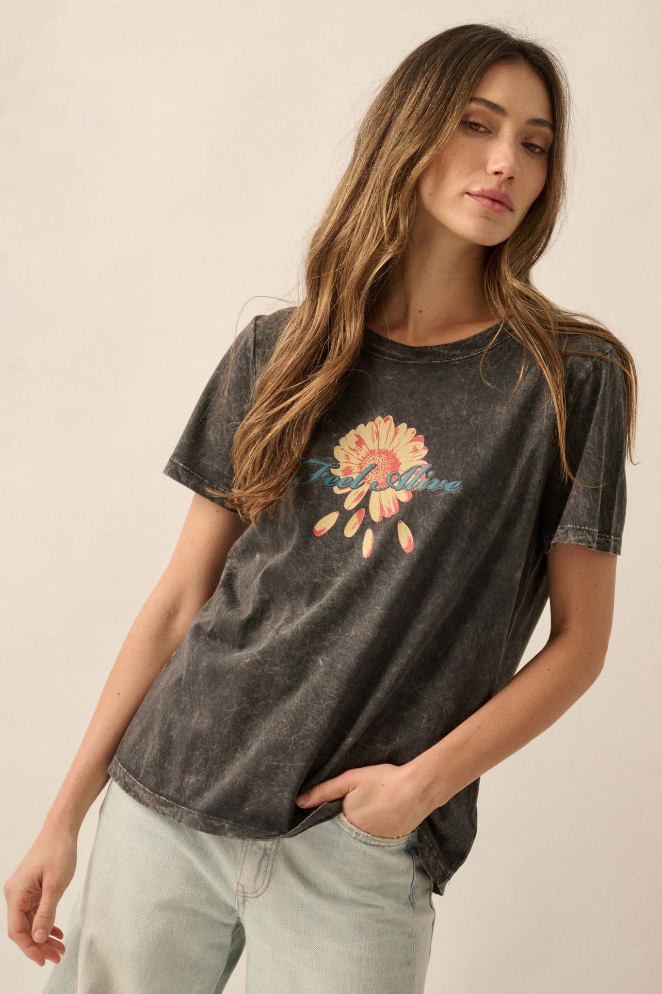 Feel Alive Vintage-Wash Flower Graphic Tee - ShopPromesa