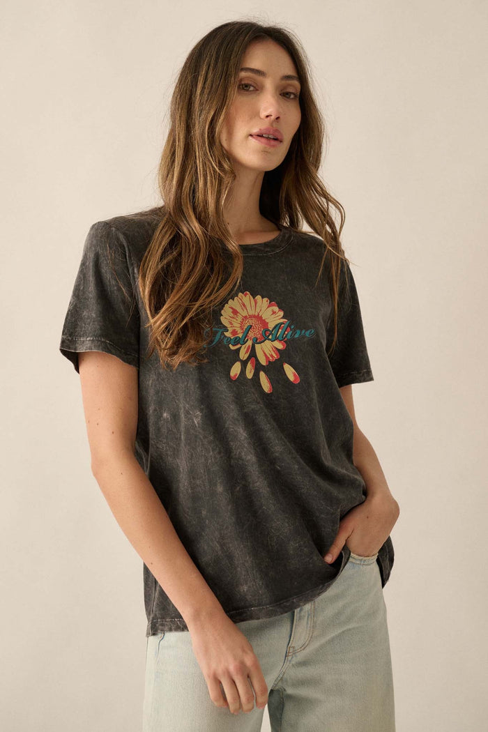 Feel Alive Vintage-Wash Flower Graphic Tee - ShopPromesa