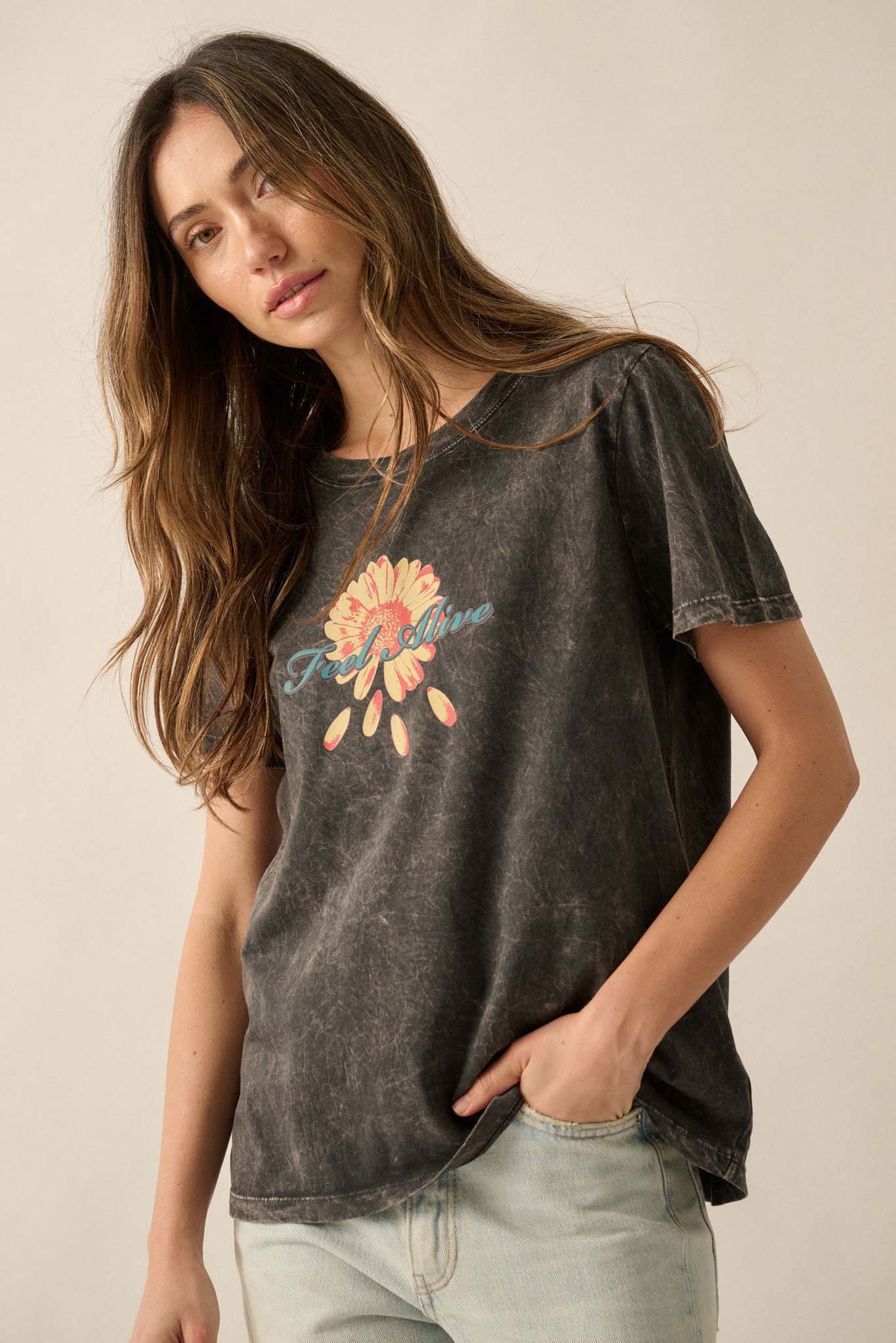 Feel Alive Vintage-Wash Flower Graphic Tee - ShopPromesa