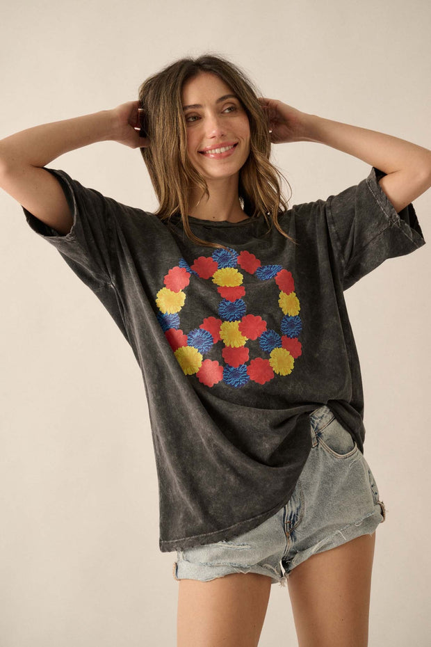 Peace Out Floral Peace Sign Distressed Graphic Tee - ShopPromesa