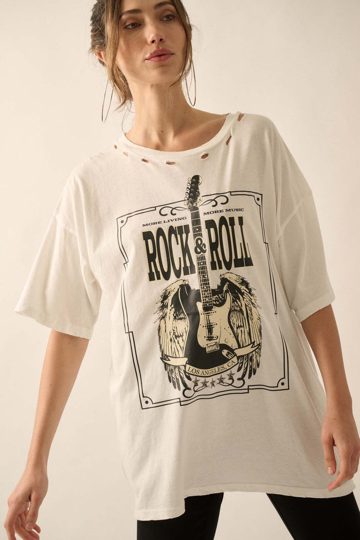 Rock & Roll Angel Guitar Distressed Graphic Tee - ShopPromesa