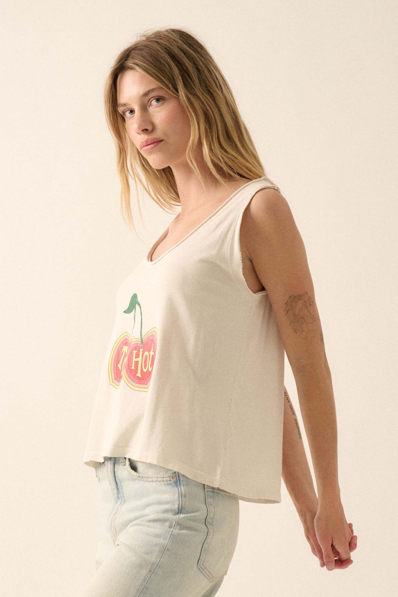 Too Hot Raw-Edge Cherries Graphic Tank Top - ShopPromesa