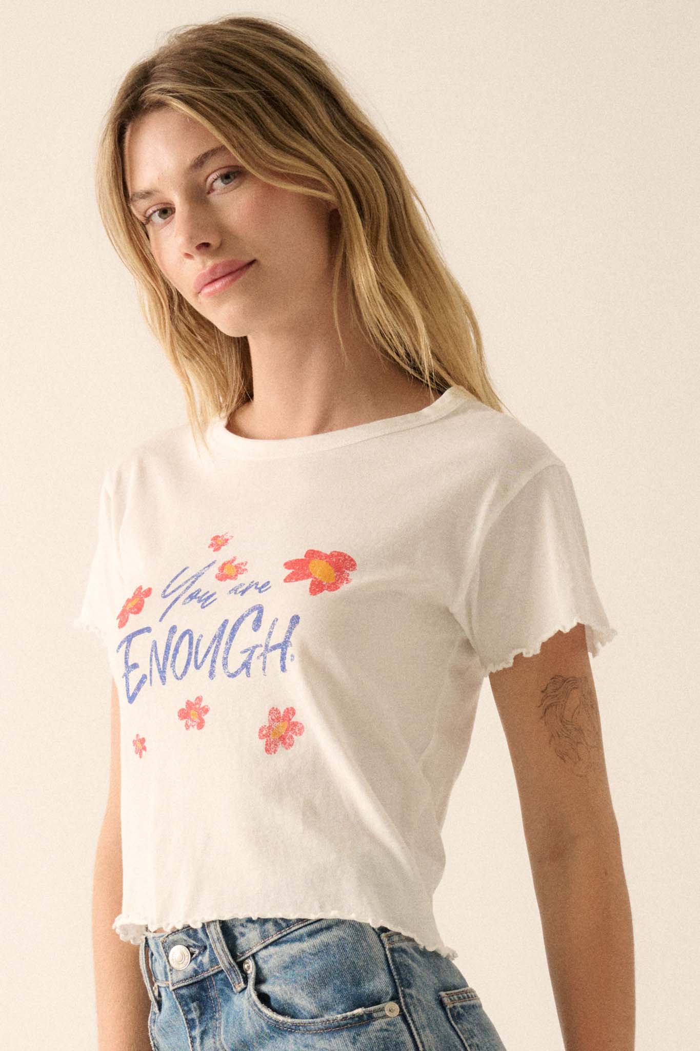 You Are Enough Floral Cropped Graphic Baby Tee - ShopPromesa