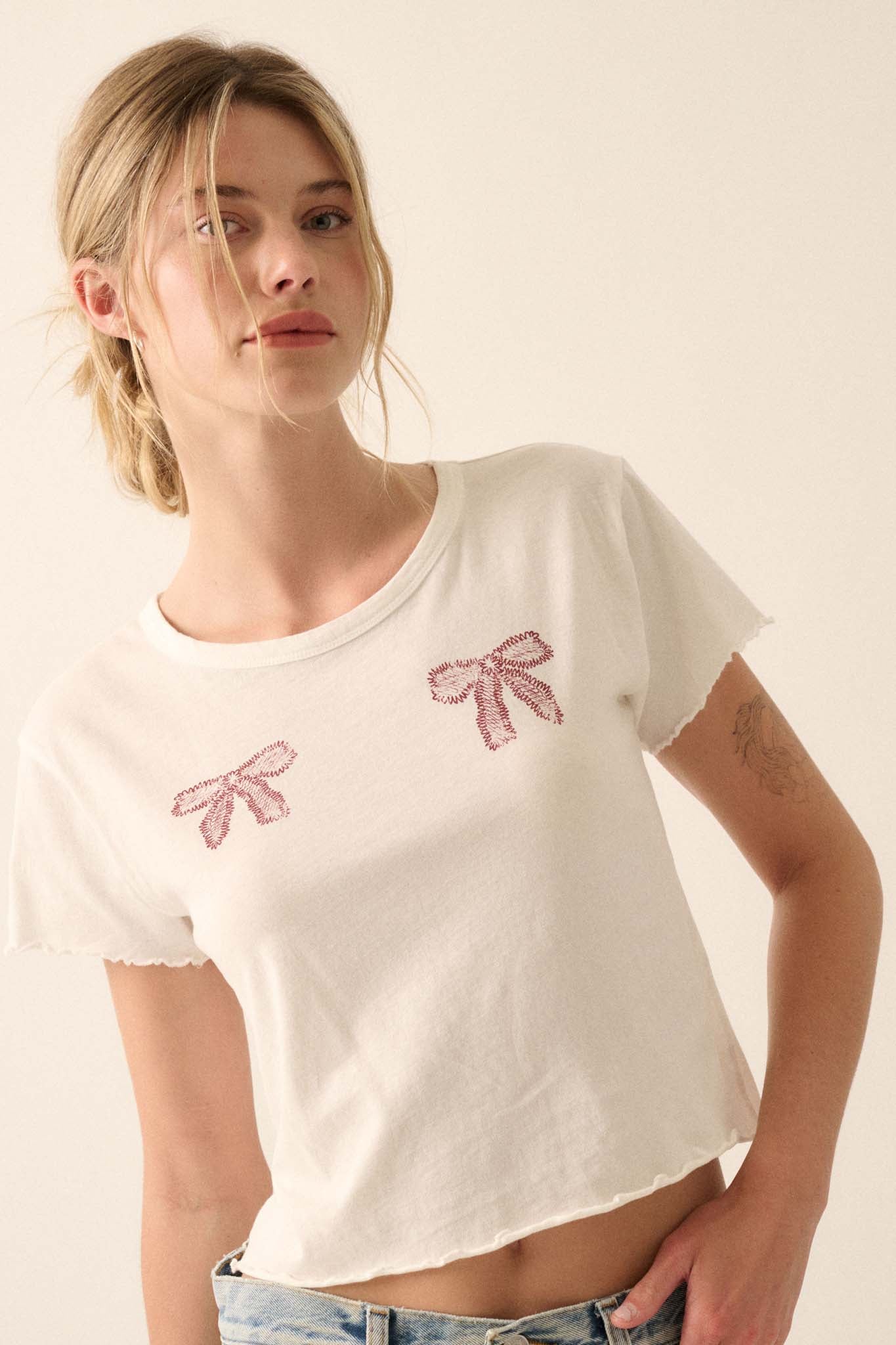 Ribbons and Bows Cropped Graphic Baby Tee - ShopPromesa