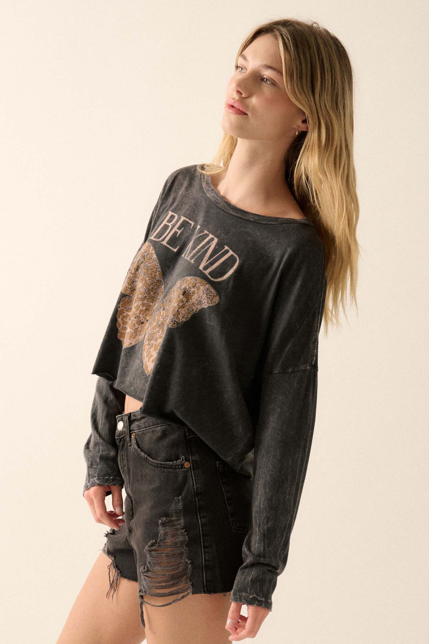 Be Kind Butterfly Cropped Long-Sleeve Graphic Tee - ShopPromesa