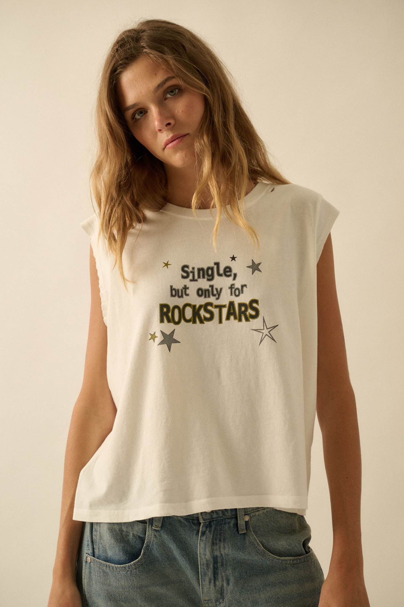 Rockstars Only Distressed Sleeveless Graphic Tee - ShopPromesa