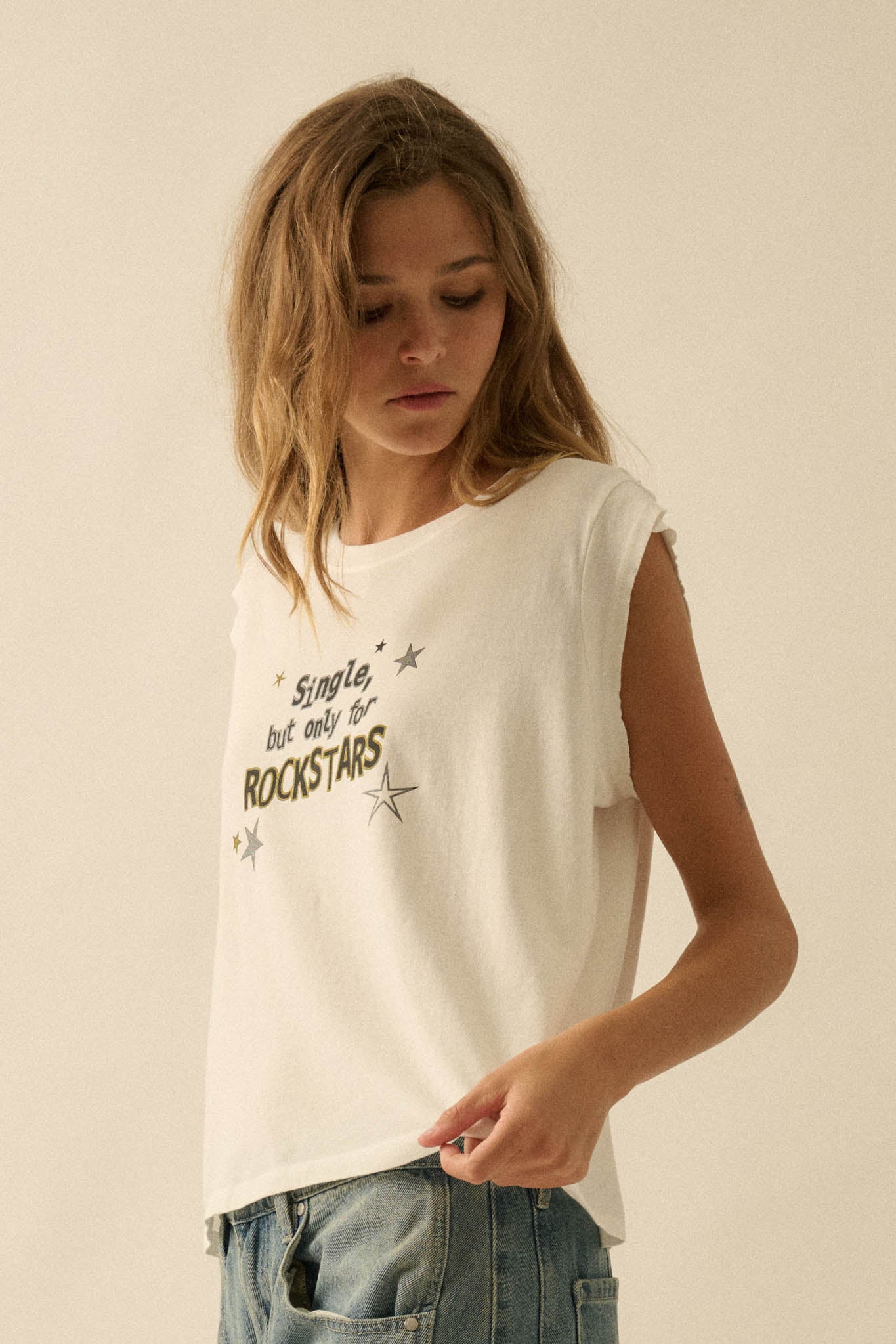 Rockstars Only Distressed Sleeveless Graphic Tee - ShopPromesa