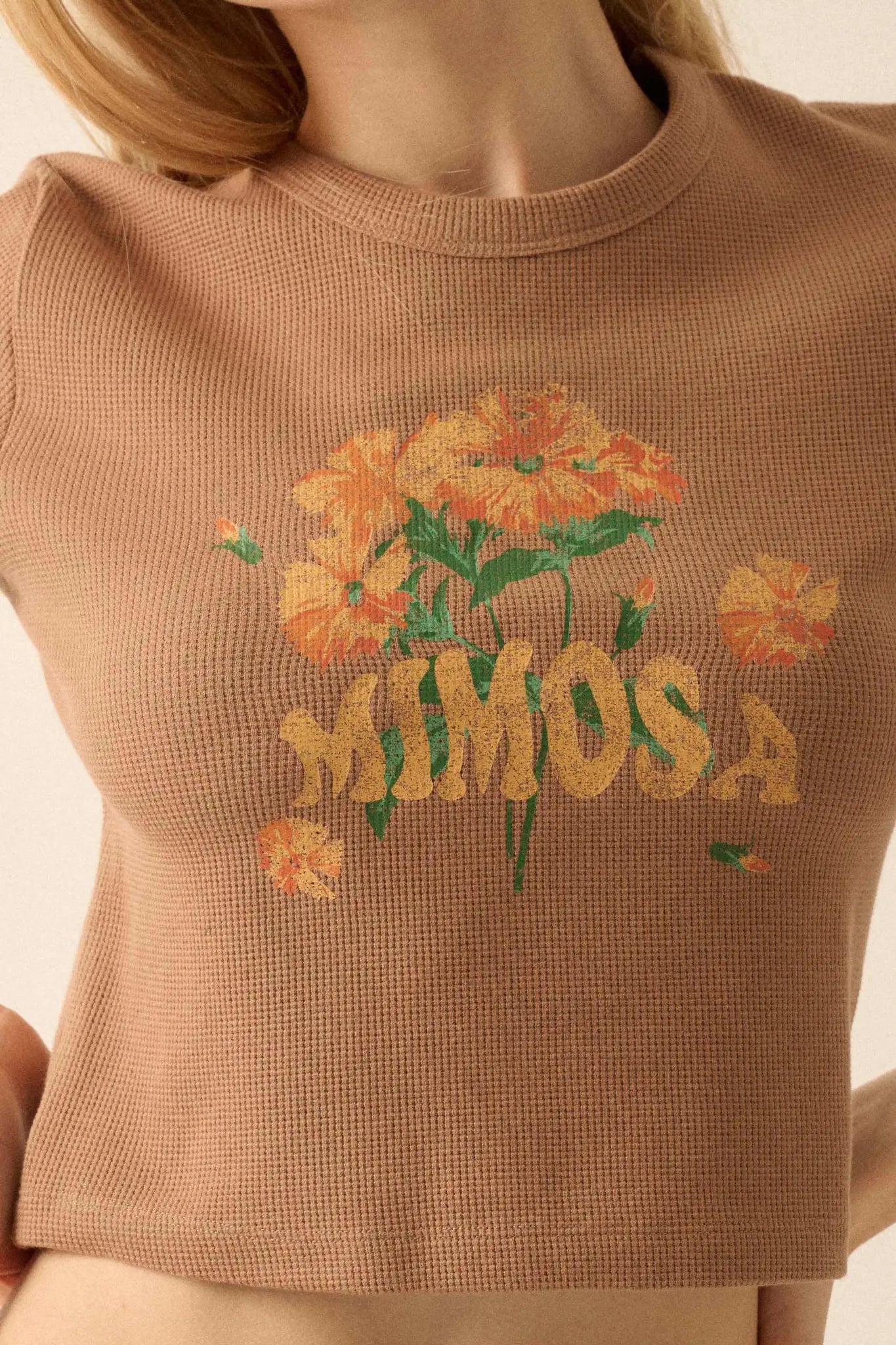 Mimosa Morning Cropped Thermal Graphic Baby Tee - ShopPromesa