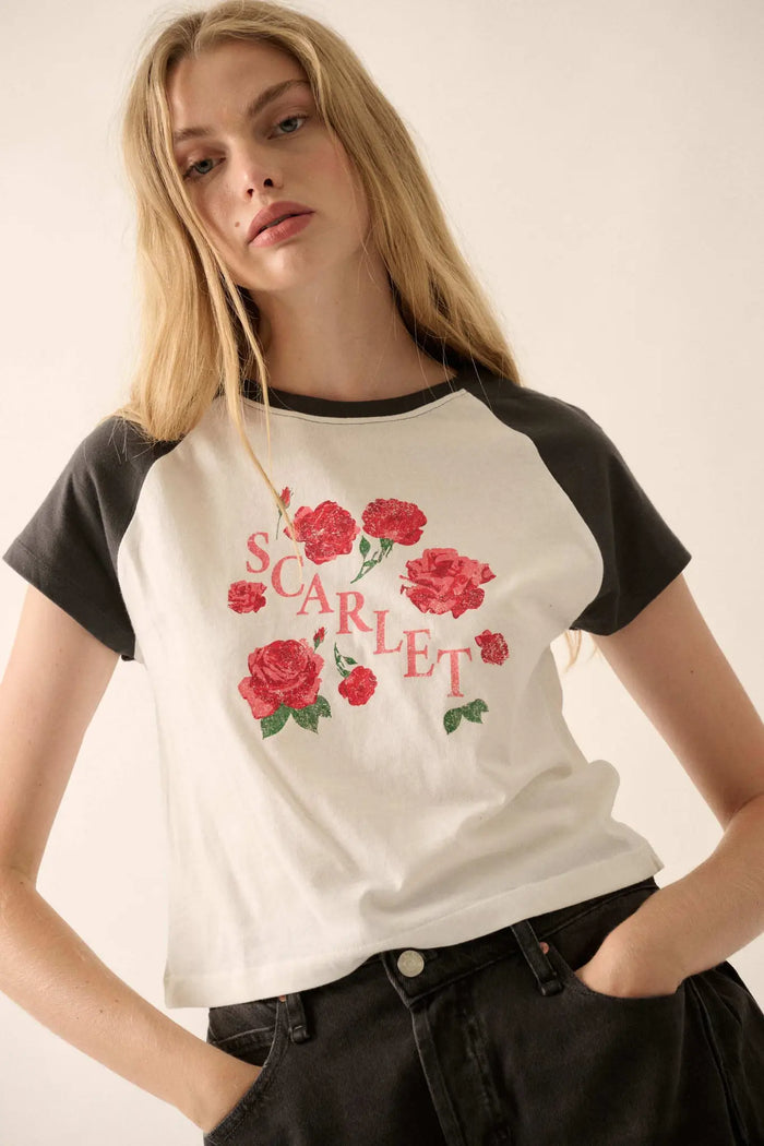 Scarlet Roses Cropped Raglan Graphic Baby Tee - ShopPromesa