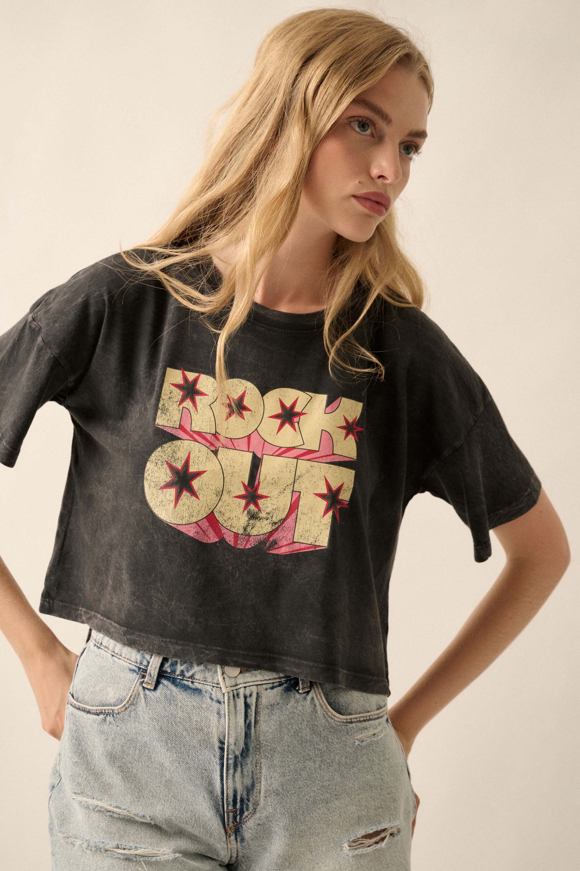 Rock Out Cropped Vintage-Wash Graphic Tee - ShopPromesa