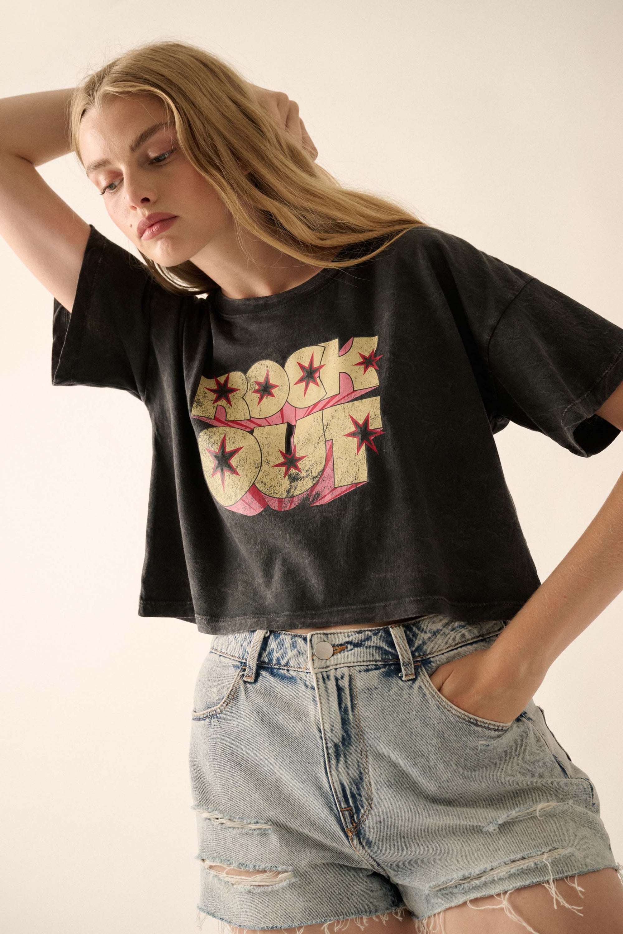 Rock Out Cropped Vintage-Wash Graphic Tee - ShopPromesa