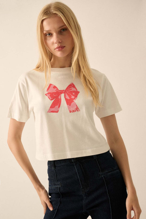 Present Time Cropped Vintage-Print Bow Graphic Tee - ShopPromesa