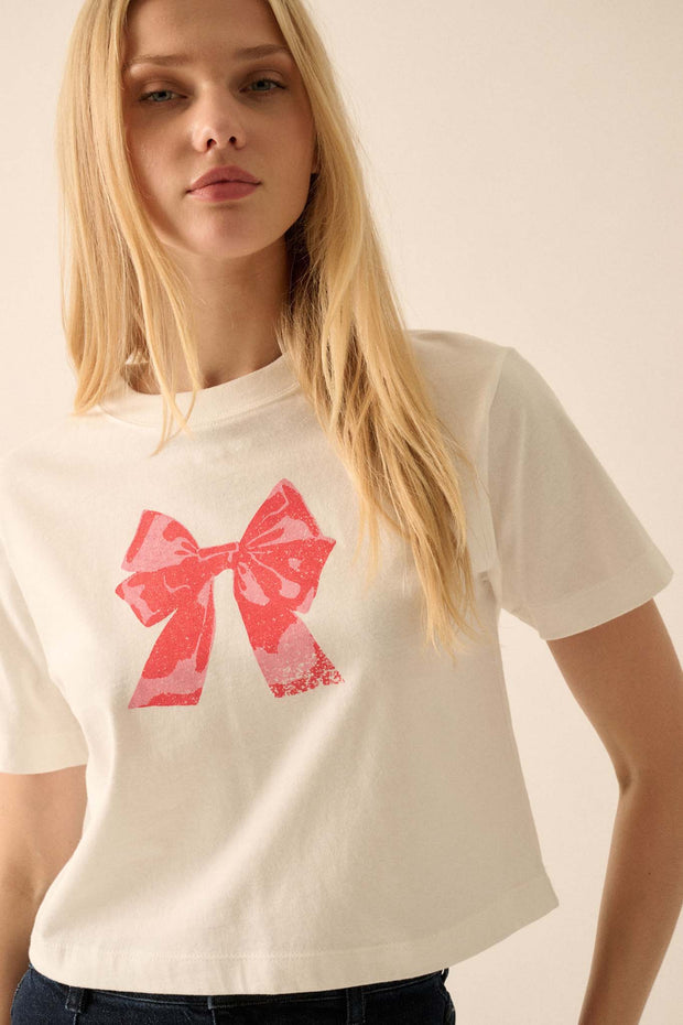 Present Time Cropped Vintage-Print Bow Graphic Tee - ShopPromesa