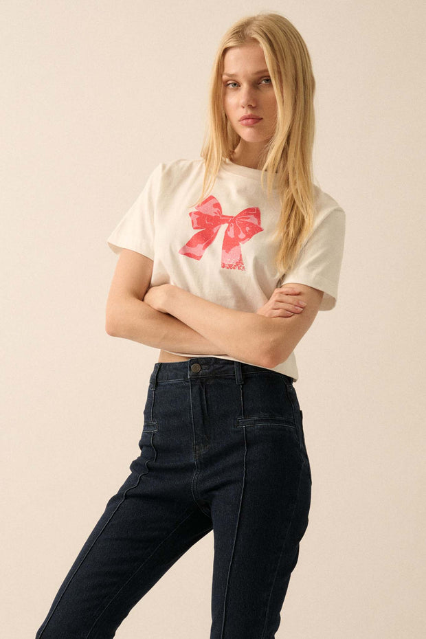 Present Time Cropped Vintage-Print Bow Graphic Tee - ShopPromesa