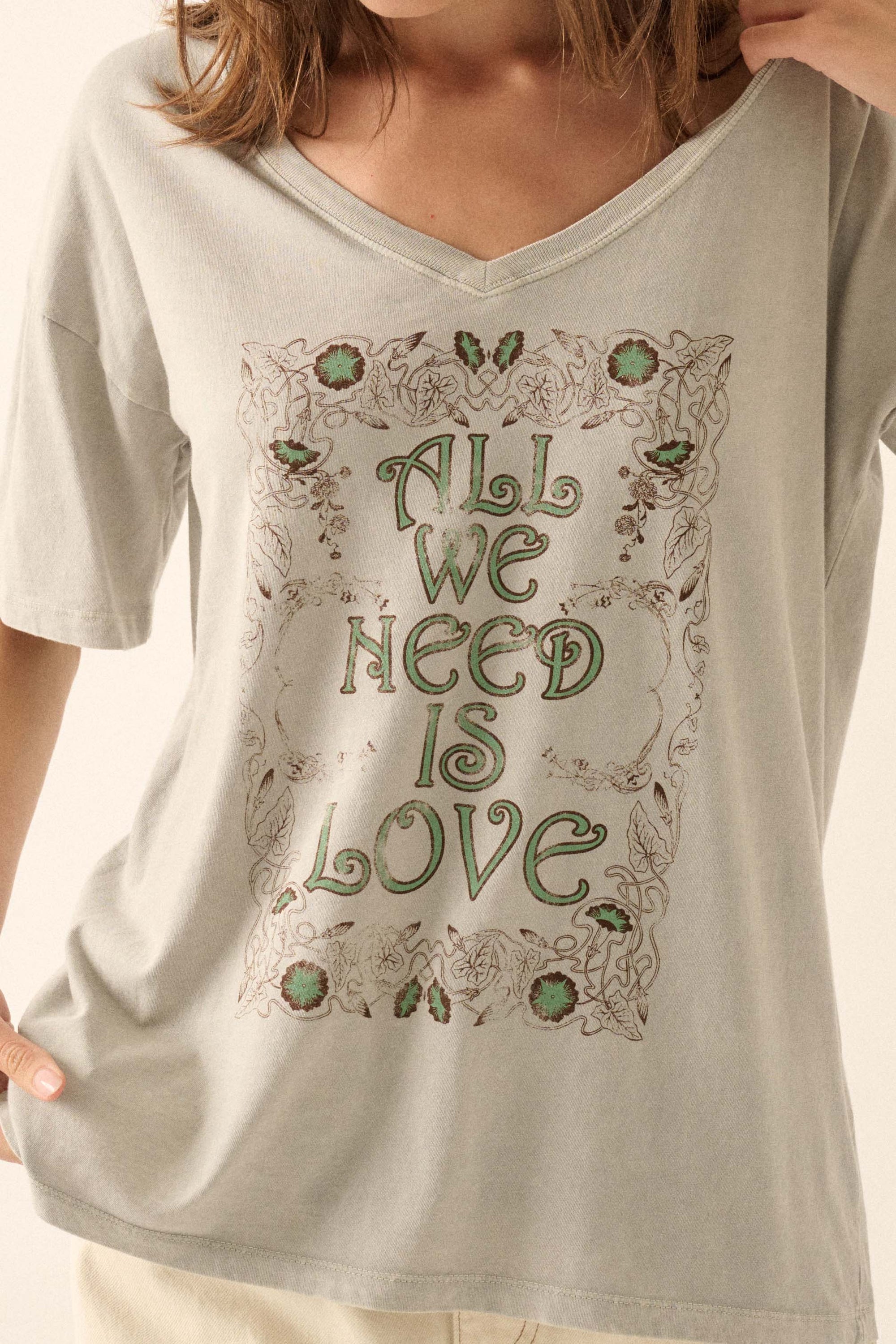 All We Need Is Love V-Neck Graphic Tee - ShopPromesa