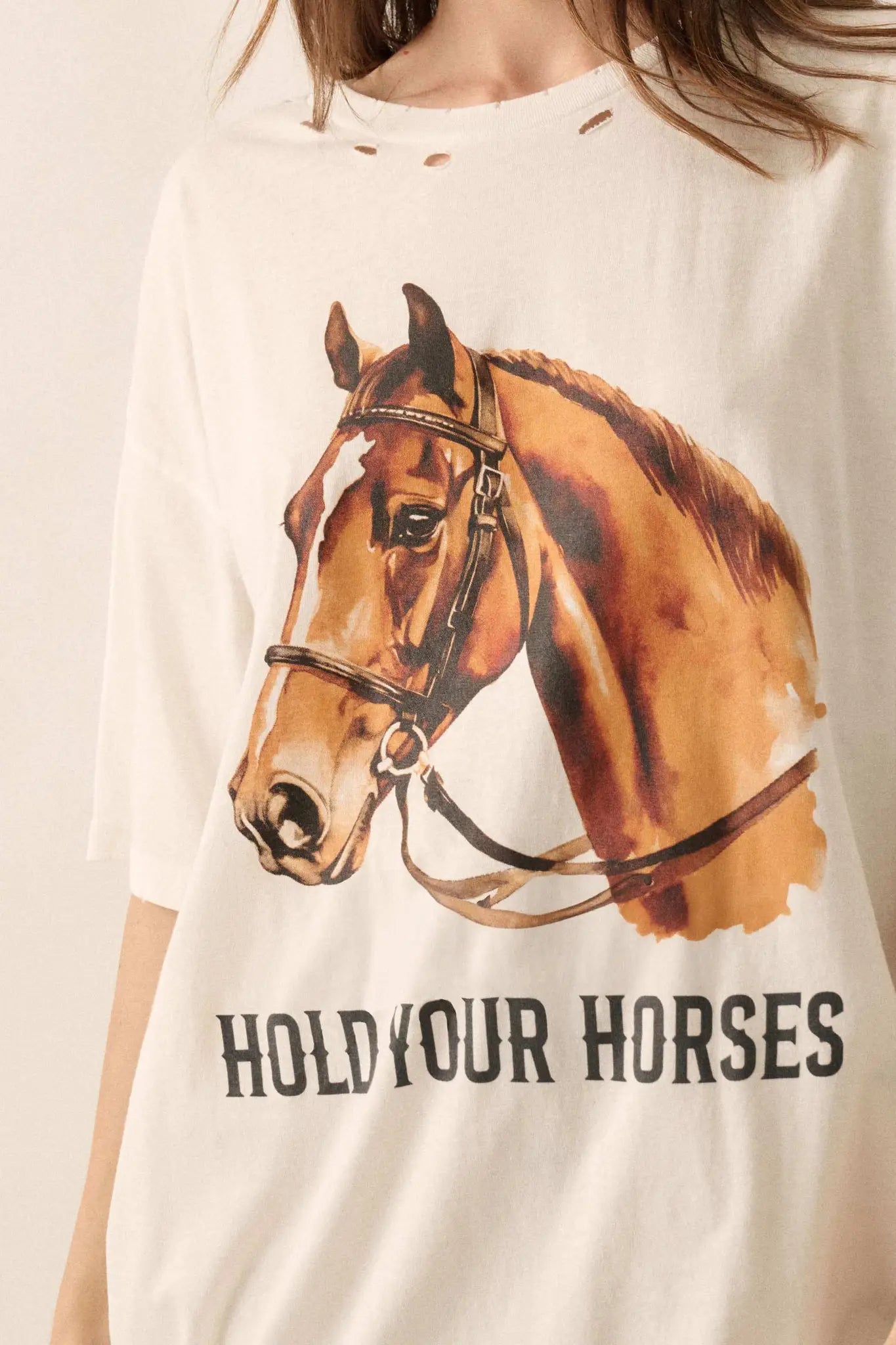 Hold Your Horses Oversize Distressed Graphic Tee - ShopPromesa