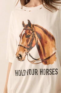 Hold Your Horses Oversize Distressed Graphic Tee - ShopPromesa