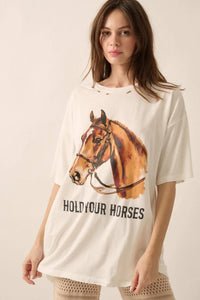 Hold Your Horses Oversize Distressed Graphic Tee - ShopPromesa