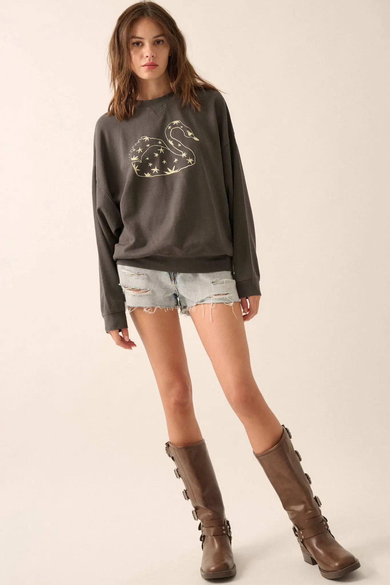 Celestial Swan Garment-Dyed Graphic Sweatshirt - ShopPromesa