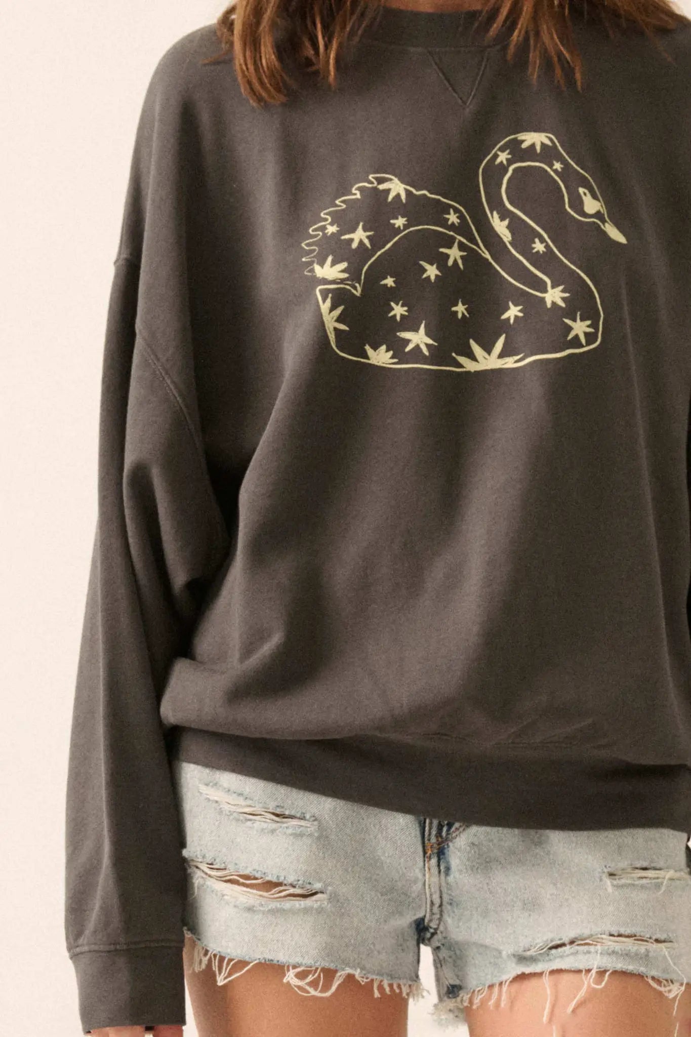 Celestial Swan Garment-Dyed Graphic Sweatshirt - ShopPromesa