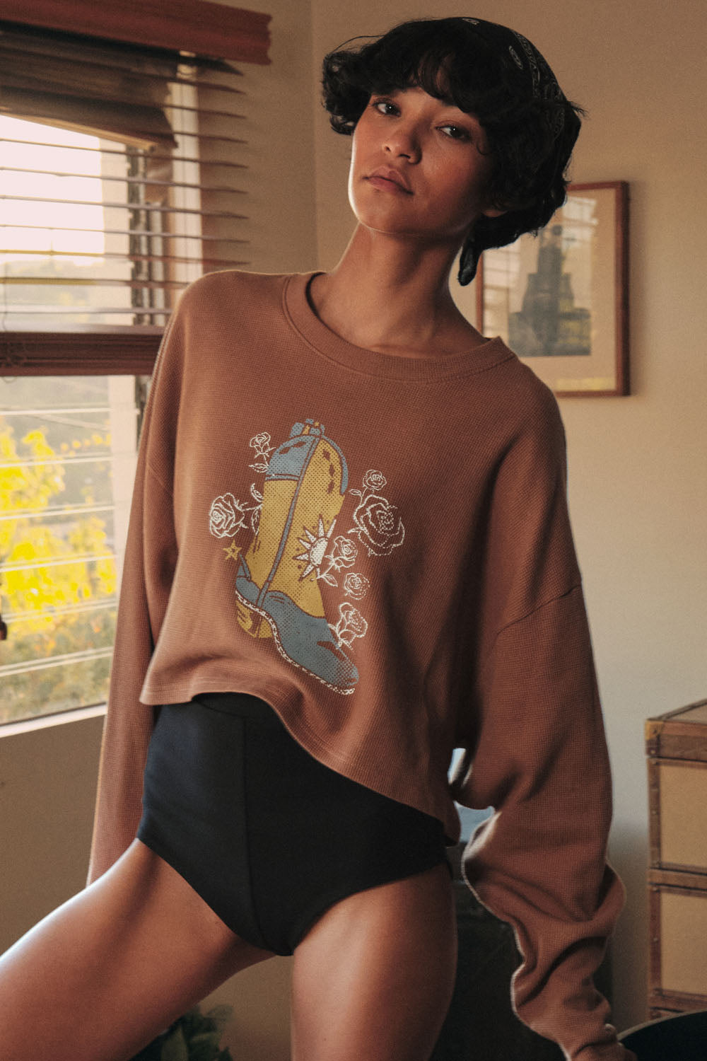 Boots and Roses Cropped Thermal Graphic Top - ShopPromesa