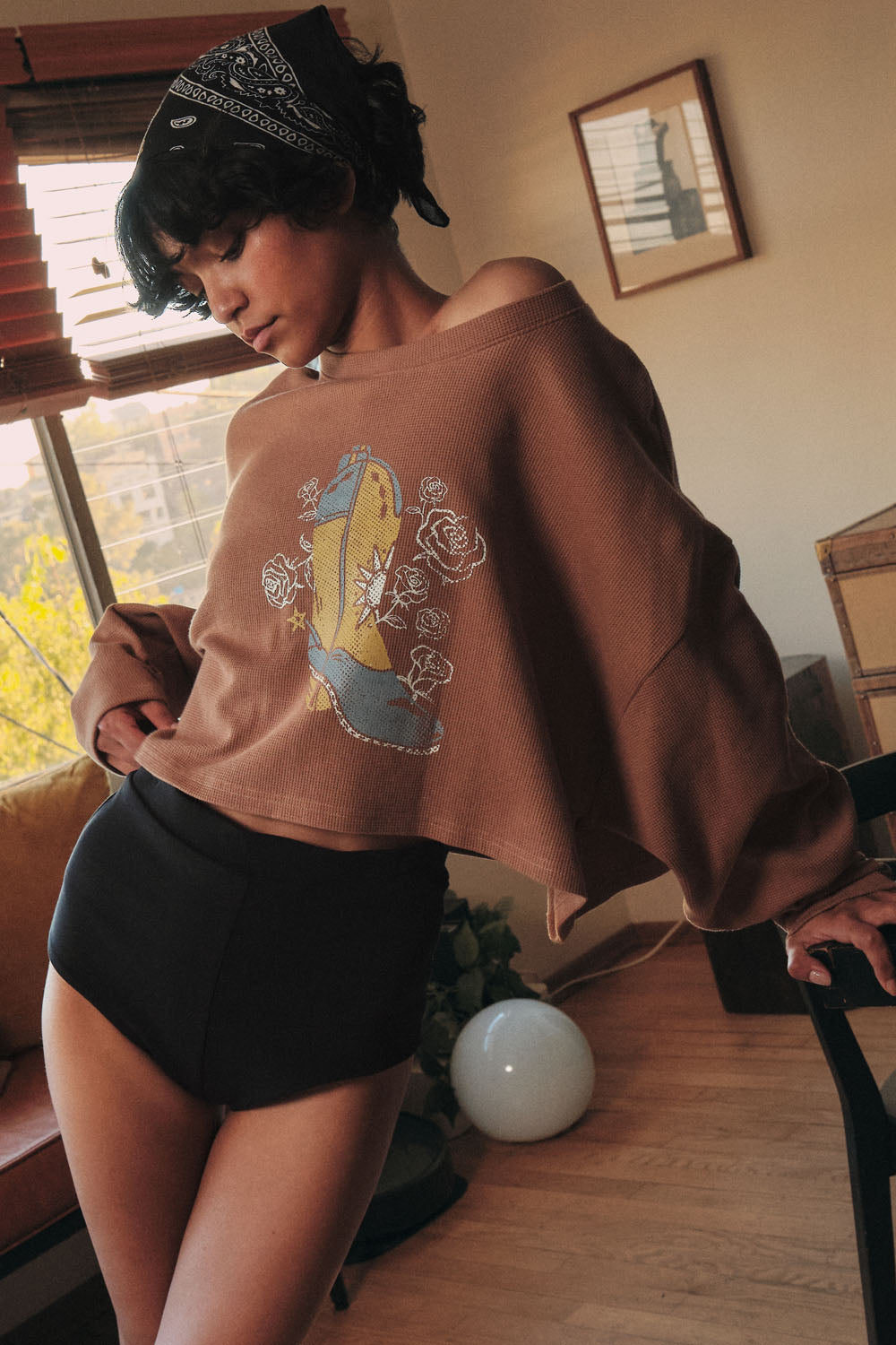 Boots and Roses Cropped Thermal Graphic Top - ShopPromesa