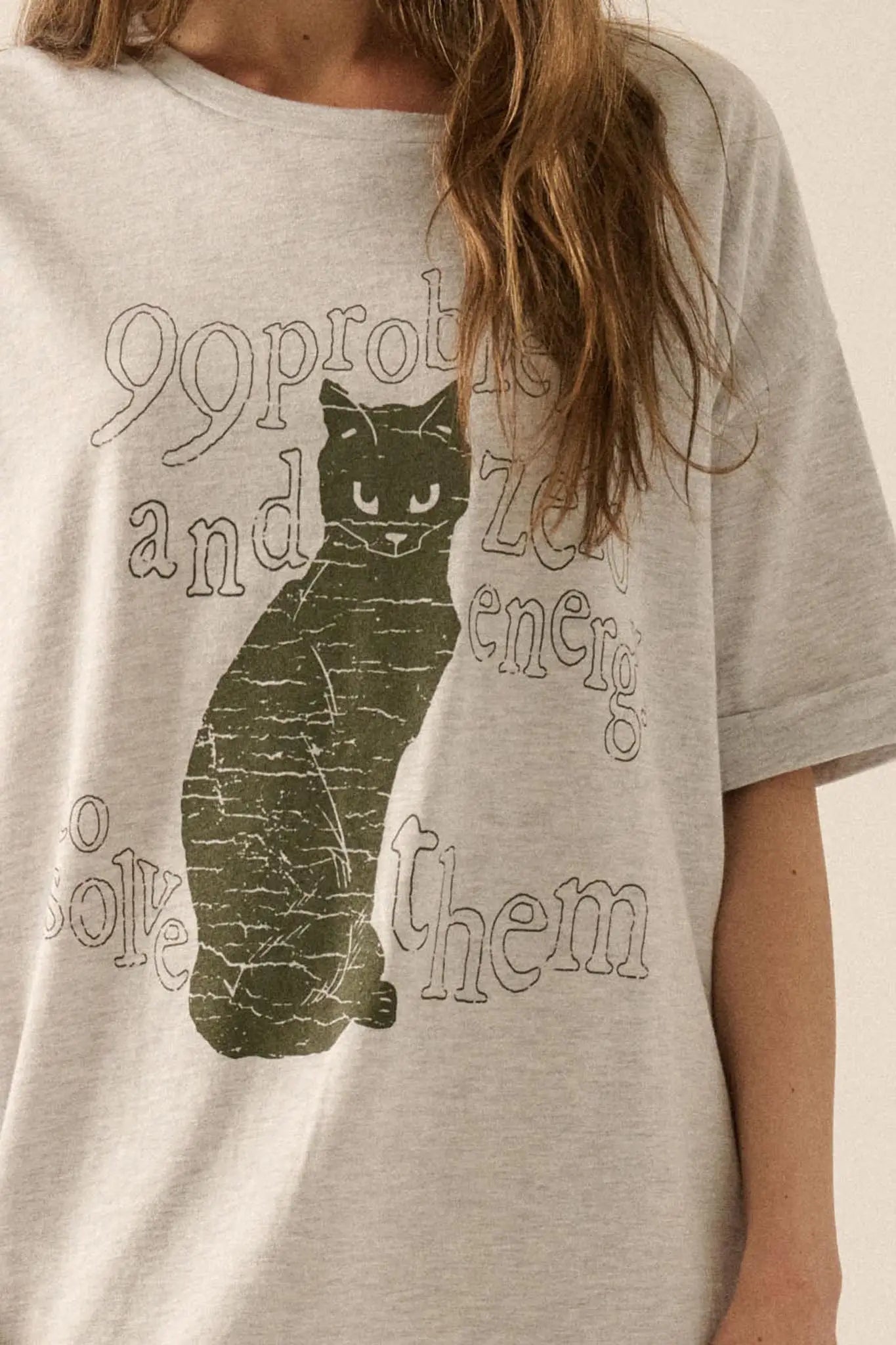 99 Problems Vintage-Print Oversize Cat Graphic Tee - ShopPromesa